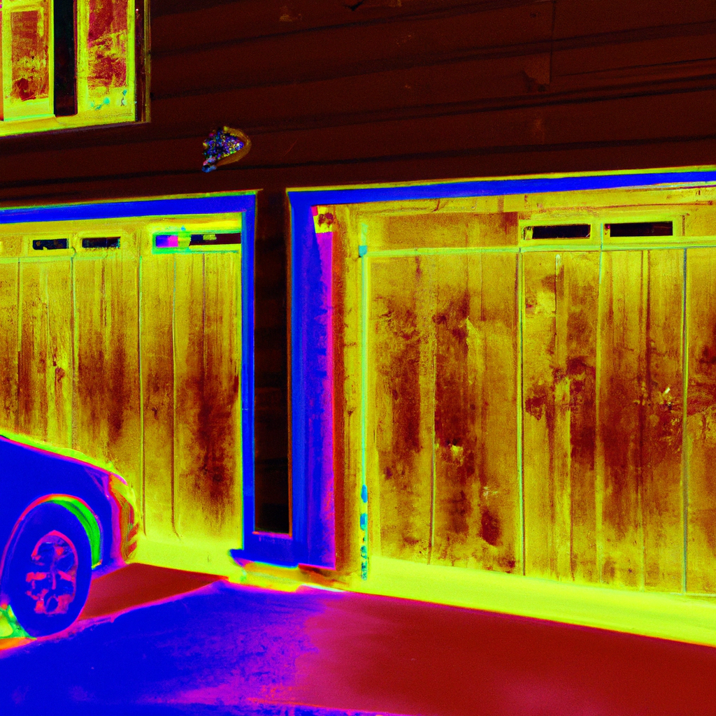 An image showcasing a garage with a thermal imaging camera capturing the temperature differences between an insulated and uninsulated garage door, highlighting the effectiveness of garage door insulation